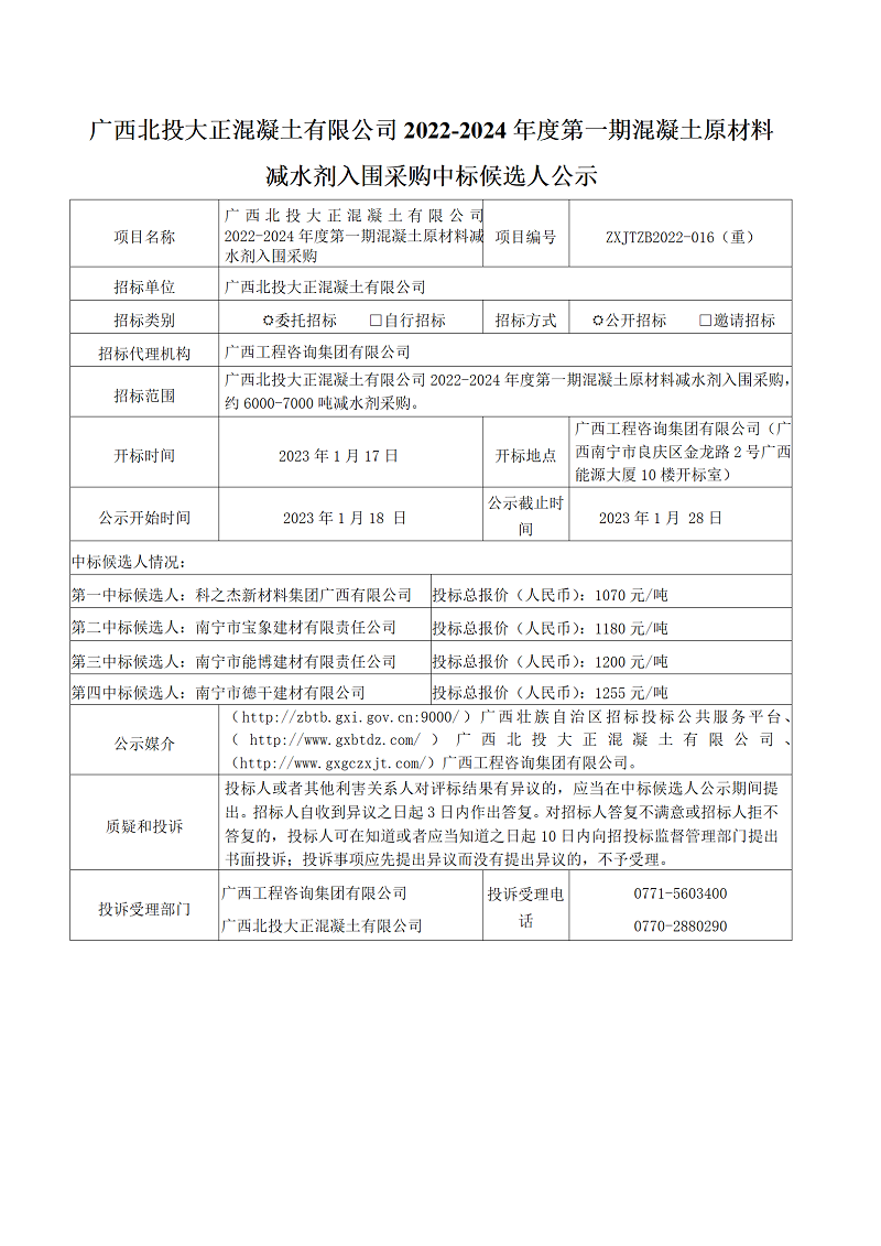广西北投大正混凝土有限公司2022-2024年度第一期混凝土原资料减水剂入围采购中标候选人公示